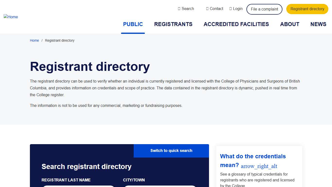 Registrant directory College of Physicians and Surgeons of BC